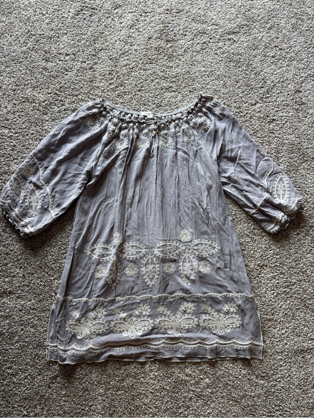 Blue Tassel Embroidered Long-Sleeve Boho Dress - Gray